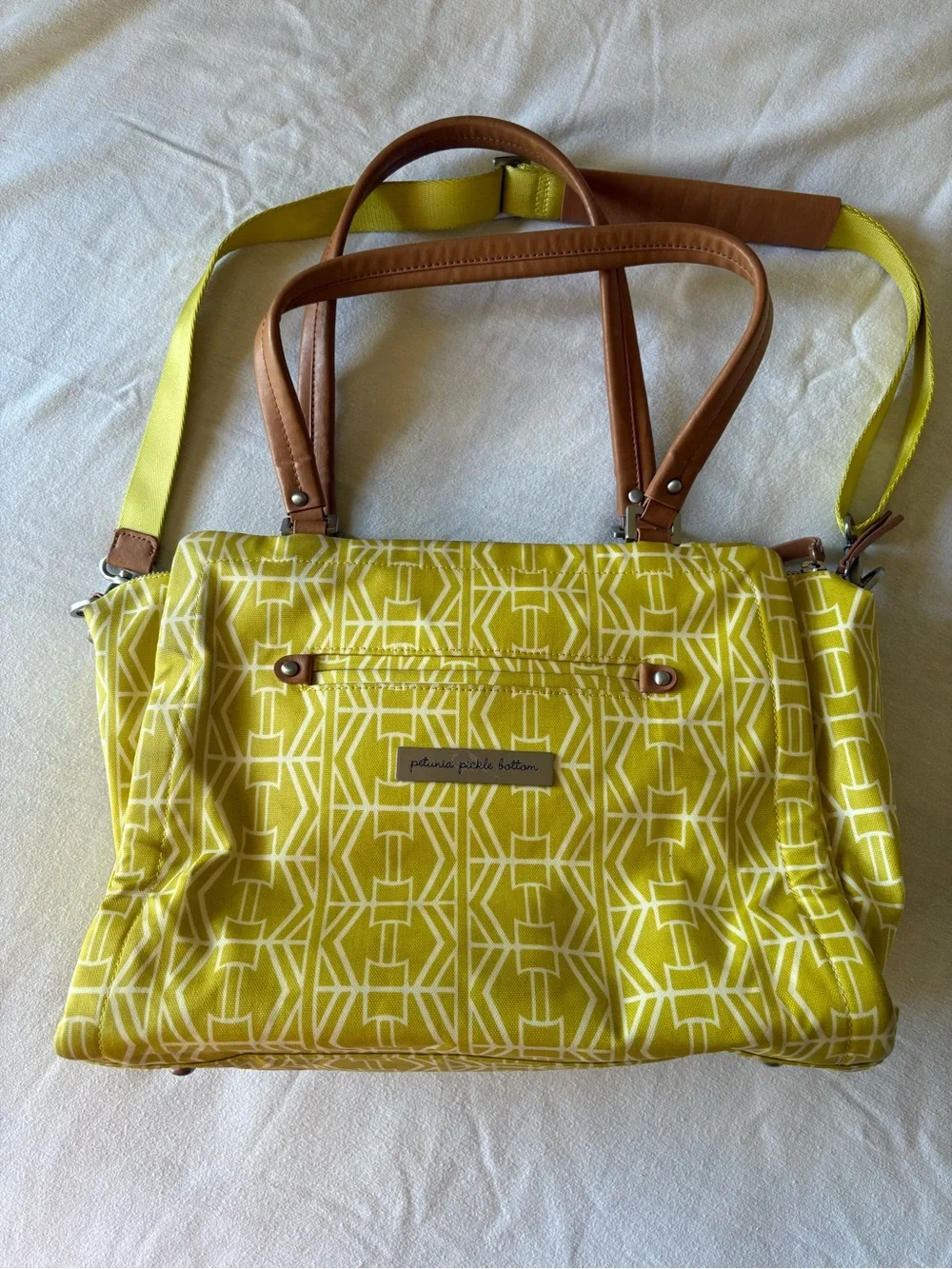 Petunia Pickle Bottom Yellow Geometric Tote with Tan Handles